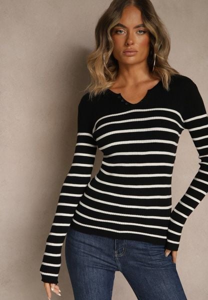 Czarna Bluzka z Bawełną z Motywem Pasków i Guzikami Serisse. Czarne bluzki damskie Renee, bez wzorów, z bawełny, biznesowe, bez kołnierzyka, bez ramiączek. Za 44.99 zł.