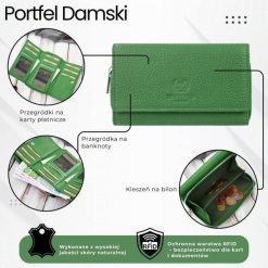 Portfel damski duży zielony ze skóry naturalnej pojemny Paolo Peruzzi T-138-GB. Zielone portfele damskie bez wzorów, ze skóry. Za 99.00 zł.