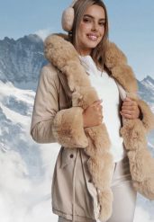 Beżowa Kurtka Parka z Kapturem i Wstawkami z Futerka Caranze. Brązowe kurtki damskie Born2be, na jesień, l, bez wzorów. Za 179.99 zł.