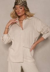 Beżowa Koszula Oversize z Lnem i Wiskozą Katilira. Brązowe koszule damskie Renee, m, bez wzorów, z jeansu, biznesowe, bez kołnierzyka, bez ramiączek. Za 79.99 zł.