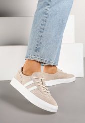 Beżowe Skórzane Sneakersy Typu Klasyczne Tenisówki na Grubej Podeszwie Eleavine. Brązowe trampki i tenisówki damskie Born2be, bez wzorów, z jeansu. Za 199.99 zł.