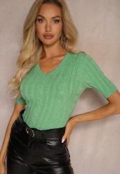 Jasnozielona Bluzka z Dodatkiem Wiskozy i Bawełny z Tłoczonym Wzorem Merelisa. Zielone bluzki damskie Renee, s, bez wzorów, z bawełny, biznesowe, bez kołnierzyka, bez ramiączek. Za 49.99 zł.