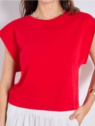 Bawełniana koszulka basic - czerwony. Czerwone t-shirty damskie Sinsay, l, bez wzorów, z bawełny, bez kołnierzyka. Za 19.99 zł.
