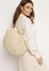 Jasnobeżowa Okrągła Torebka Pleciona w Stylu Boho z Ozdobnym Chwostem Karasa. Brązowe torebki klasyczne damskie Born2be, bez wzorów, bez dodatków. Za 109.99 zł.