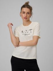 4F T-shirt regular z nadrukiem damski - beżowy S. Brązowe t-shirty damskie 4f, s, bez wzorów, z bawełny, bez kołnierzyka. W wyprzedaży za 39.99 zł.