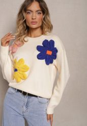 Beżowy Sweter z Dodatkiem Wiskozy Ozdobiony Kwiatami 3D Nanivia. Brązowe swetry klasyczne damskie Renee, z jeansu, bez kołnierzyka. Za 69.99 zł.