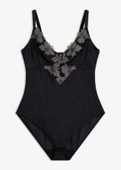 Mocno modelujące body bez fiszbin z haftem. Czarne body damskie bonprix, bez wzorów. Za 124.99 zł.