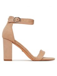 DeeZee Sandały E3611-1a Beżowy. Brązowe sandały damskie DeeZee, bez wzorów, z materiału, bez obcasa, na słupku. Za 139.99 zł.