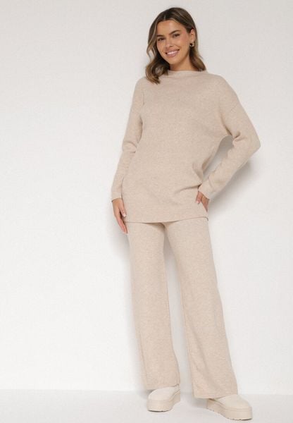 Beżowy Dzianinowy Komplet z Bawełną i Wełną Długi Sweter i Szerokie Spodnie Reinesa. Brązowe spodnie materiałowe damskie Born2be, l, z bawełny, bez kołnierzyka. Za 139.99 zł.