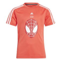 Koszulka adidas x Marvel Spider-Man. Białe bluzki damskie Adidas, bez wzorów, z materiału, sportowe, bez kołnierzyka, bez ramiączek. Za 139.00 zł.