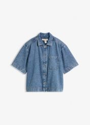 Bluzka jeansowa z czystej bawełny. Niebieskie bluzki damskie bonprix, bez wzorów, z bawełny, bez kołnierzyka, bez ramiączek. Za 114.99 zł.