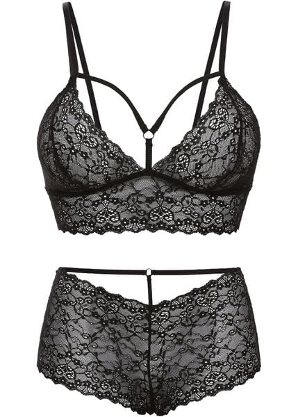 "Biustonosz bustier + figi panty ""ouvert"" (2 części)". Czarne figi damskie bonprix, z aplikacjami, z koronki. Za 109.99 zł.