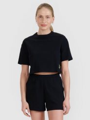 4F T-shirt crop top z waflowej dzianiny damski - czarny XL. Czarne t-shirty damskie 4f, xl, bez wzorów, z bawełny, bez kołnierzyka. W wyprzedaży za 49.99 zł.