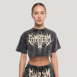 Koszulka damska fitness cropped grafitowa Abyss. Szare t-shirty damskie GYMBEAM, m, bez wzorów, z bawełny, bez kołnierzyka. Za 88.90 zł.