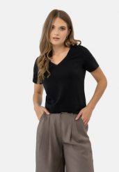 Koszulka z dekoltem w serek T-LEA. Czarne t-shirty damskie Volcano, m, bez wzorów, z bawełny, bez ramiączek. Za 59.99 zł.