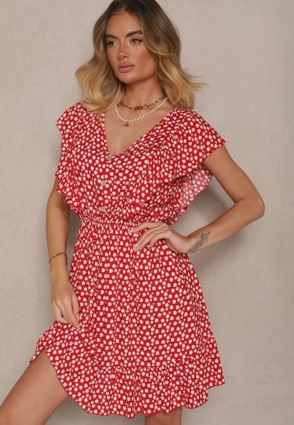 Czerwona Bawełniana Sukienka o Rozkloszowanym Kroju z Guzikami w Kwiatowy Wzór Roniva. Czerwone sukienki damskie Renee, na co dzień, na lato, l, bez wzorów, z bawełny, bez kołnierzyka, bez ramiączek, mini, proste. Za 44.99 zł.