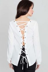 Modna Ecru Bluzka z Dekoltem „V” Sznurowana na Plecach. Niebieskie bluzki damskie Katrus, l, bez wzorów, z elastanu, bez kołnierzyka, bez ramiączek. Za 189.00 zł.
