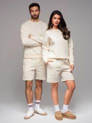 Komplet dresowy UNISEX bluza + szorty - kremowy V2. Białe szorty męskie Ombre Clothing, z aplikacjami, z bawełny, eleganckie. Za 299.99 zł.