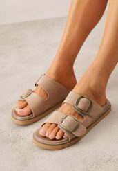 Ciemnobeżowe Klapki VICES Ozdobione Dużymi Klamrami Jenniviane. Brązowe klapki damskie Renee, z aplikacjami, z materiału, bez obcasa, na płaskiej podeszwie. Za 99.99 zł.