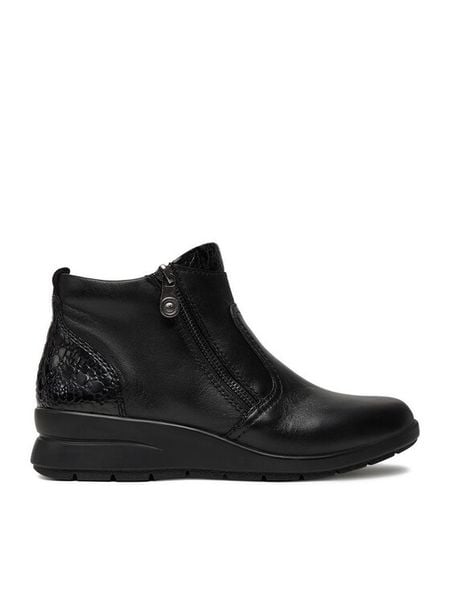 Rieker Botki L4861-00 Czarny. Czarne botki damskie Rieker, ze skóry, bez obcasa, na koturnie, bez zapięcia. Za 349.99 zł.