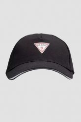 GUESS Czarna czapka z daszkiem Triangle Patch. Czarne czapki męskie Guess, z aplikacjami, z bawełny. W wyprzedaży za 69.99 zł.