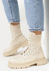 Beżowe Botki Workery z Elastyczną Cholewką Sznurowane Aegadia. Brązowe botki damskie Born2be, z jeansu, eleganckie, bez obcasa, na obcasie, bez zapięcia. Za 99.99 zł.