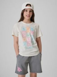 4F T-shirt regular z nadrukiem dziewczęcy - biały 146 (10-11 lat). Białe koszulki dziewczęce 4f, bez wzorów, z bawełny, bez ramiączek. Za 49.99 zł.