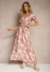 Różowa Sukienka w Listki z Elastyczną Gumką w Talii i Wiązanym Paskiem Jaliren. Czerwone sukienki damskie Renee, na co dzień, l, bez wzorów, eleganckie, bez kołnierzyka, bez ramiączek, maxi, kopertowe. W wyprzedaży za 62.99 zł.