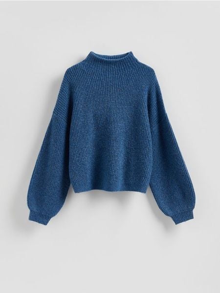 Sweter z bufiastymi rękawami - granatowy. Niebieskie swetry klasyczne damskie Reserved, l, z dzianiny, bez kołnierzyka. Za 129.99 zł.