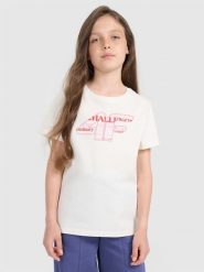 4F T-shirt regular z nadrukiem dziewczęcy - biały 140 (9-10 lat). Białe koszulki dziewczęce 4f, m, bez wzorów, z bawełny, bez ramiączek. W wyprzedaży za 39.99 zł.
