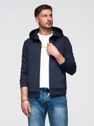 Bluza rozpinana męska z kapturem z gładkiej dzianiny - granatowa V4. Niebieskie bluzy z kapturem męskie Ombre Clothing, m, z dzianiny. Za 229.99 zł.
