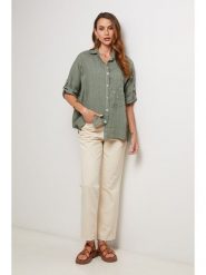 Lin Passion Lniana koszula w kolorze khaki rozmiar: 34/36. Brązowe koszule damskie Lin Passion, bez wzorów, ze lnu, klasyczne, bez kołnierzyka, bez ramiączek. Za 165.99 zł.