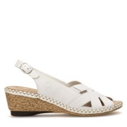 Sandały Rieker. Białe sandały damskie Rieker, bez wzorów, bez obcasa, na koturnie. Za 309.99 zł.