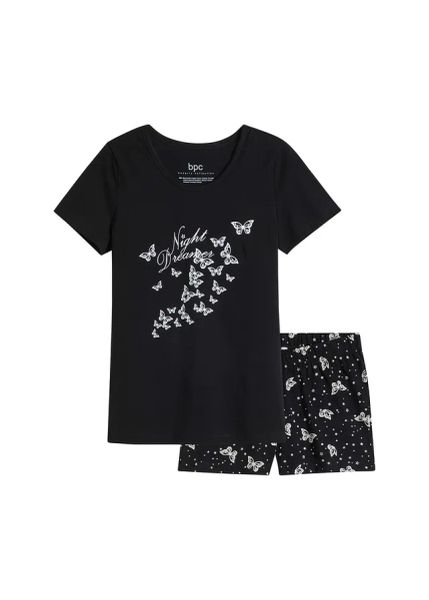 Bawełniana piżama z krótkimi spodenkami. Czarne piżamy damskie bonprix, bez wzorów, z bawełny, bez ramiączek. Za 59.99 zł.