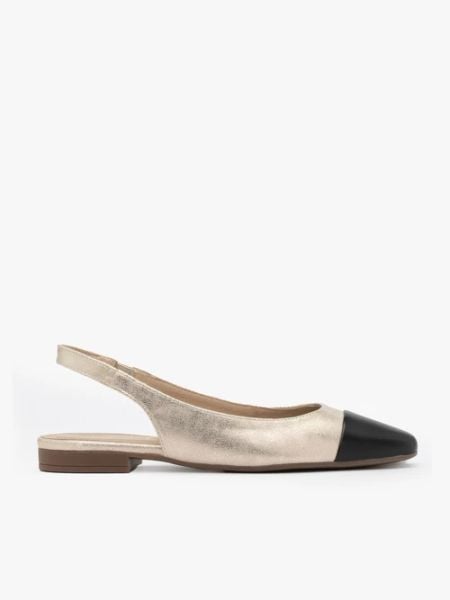 Platynowe baleriny typu slingback z czarnym noskiem. Szare baleriny damskie Brawo sp. z o.o., bez wzorów, z gumy, bez obcasa, na płaskiej podeszwie. W wyprzedaży za 224.99 zł.