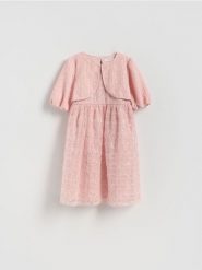 Cekinowa sukienka z bolerkiem - różowy. Czerwone sukienki dziewczęce Reserved, bez wzorów, z tkaniny, bez ramiączek. Za 129.99 zł.