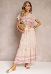 Jasnoróżowa Rozkloszowana Sukienka Maxi z Gumkami w Pasie z Bawełny Besie. Czerwone sukienki damskie Renee, na co dzień, l, bez wzorów, z bawełny, bez kołnierzyka, bez ramiączek, maxi, rozkloszowane. W wyprzedaży za 62.99 zł.
