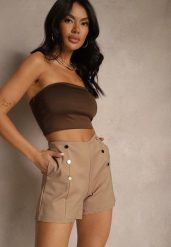 Ciemnobeżowe Bawełniane Szorty High Waist Ozdobione Guzikami Seporiae. Brązowe szorty damskie Renee, bez wzorów, z bawełny, eleganckie, z podwyższonym stanem. Za 49.99 zł.