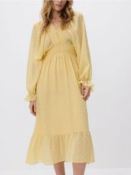 Sukienka maxi z falbanką - jasnożółty. Żółte sukienki damskie Reserved, l, bez wzorów, z tkaniny, bez kołnierzyka, bez ramiączek, maxi, rozkloszowane. Za 259.99 zł.