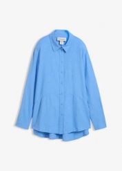 Bluzka oversize z mieszanki lnu. Niebieskie bluzki damskie bonprix, bez wzorów, bez kołnierzyka, bez ramiączek. Za 149.99 zł.