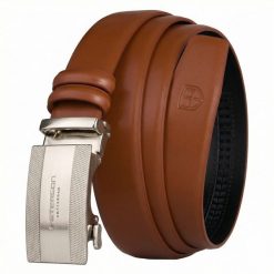 Skórzany pasek męski w jasnobrązowym kolorze z automatyczną, srebrną klamrą Peterson PTN A007-AB TAN. Brązowe paski męskie Peterson, bez wzorów, ze skóry, eleganckie. Za 59.99 zł.