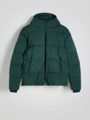 Kurtka z kapturem - zielony. Zielone kurtki męskie Reserved, l, bez wzorów, z tkaniny, z kapturem. W wyprzedaży za 119.99 zł.