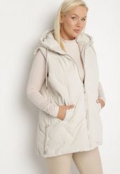 Biała Przejściowa Kamizelka z Pikowanymi Przeszyciami i Kapturem Fesolira. Białe kamizelki damskie Born2be, plus size, z jeansu. Za 139.99 zł.