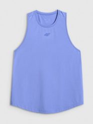 4F Top treningowy szybkoschnący damski - niebieski XS. Niebieskie topy damskie 4f, xs, bez wzorów, z materiału, bez kołnierzyka. Za 79.99 zł.