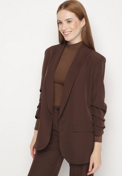 Brązowa Niezapinana Marynarka Pudełkowa z Wiskozą z Marszczonymi Rękawami Feniravia. Brązowe marynarki i żakiety damskie Born2be, l, bez wzorów, z koronki, biznesowe. Za 99.99 zł.
