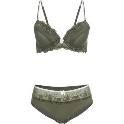 "Biustonosz usztywniany na fiszbinach + figi ""panty"" (2 części)". Zielone figi damskie bonprix, bez wzorów, z materiału. Za 79.99 zł.