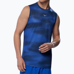 Koszulka do biegania męska Mizuno Core Graphic Sleeveless. Niebieskie t-shirty sportowe męskie Mizuno, l, z materiału, bez ramiączek, do biegania. Za 76.99 zł.