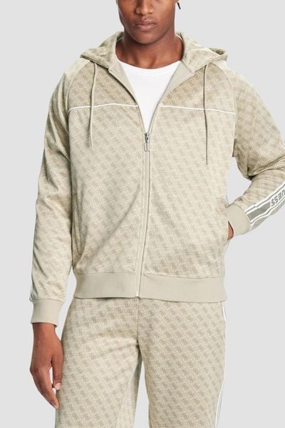 GUESS Zielona rozpinana męska bluza w monogram z lampasami i kapturem Parimo 4G, Rozmiar M. Zielone bluzy z kapturem męskie Guess, m. W wyprzedaży za 329.99 zł.