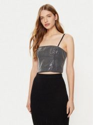 Guess Top W5RH0G WGX40 Srebrny Slim Fit. Szare topy damskie Guess, xxl, z aplikacjami, z syntetyku, bez kołnierzyka. Za 259.99 zł.