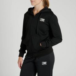 Bluza z kapturem Leone1947 LOGO czarna. Czarne bluzy sportowe damskie LEONE 1947, xs, bez wzorów, z materiału, bez ramiączek, z kapturem. Za 215.30 zł.